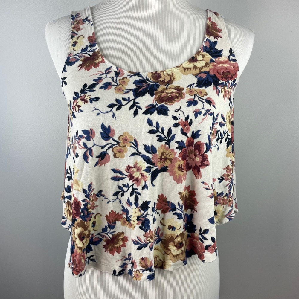American Eagle Soft & Sexy Floral Tank Top XS Cream Pink Boho Cropped Flowy